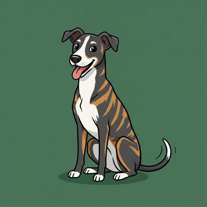 Cartoon of Josi, a happy brindle and white dog